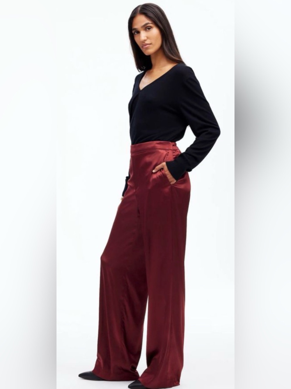 NEW Madewell NWT Pull On Wide Leg Satin Burgundy Pants cocktail formal fall L
